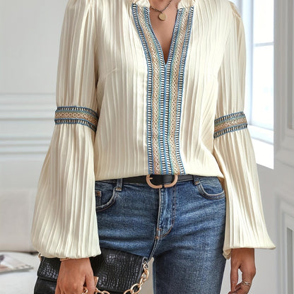 Sixsr Colorful Lace Stitching Blouse, Casual Long Sleeve Blouse For Spring & Fall, Women's Clothing