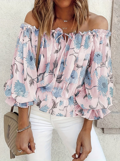 Off Shoulder Floral Print Blouse, Casual Ruffle Trim Blouse, Women's Clothing