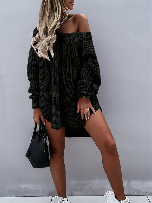 Sixsr Women's Sweater Solid V Neck Drop Shoulder Knitted Loose Sweater Dresses