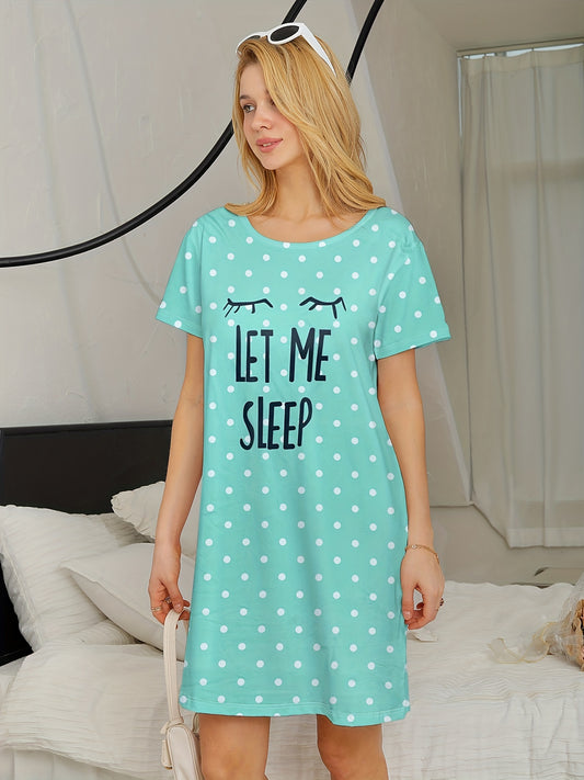 Sixsr Letter Print Polka Dot NightDress, Short Sleeve Crew Neck Pajama Dress, Women's Sleepwear & Dresses