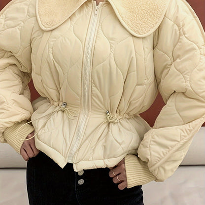 Sixsr Drawstring Zip-up Lapel Coat, Casual Thermal Long Sleeve Cinched Waist Coat , Women's Clothing