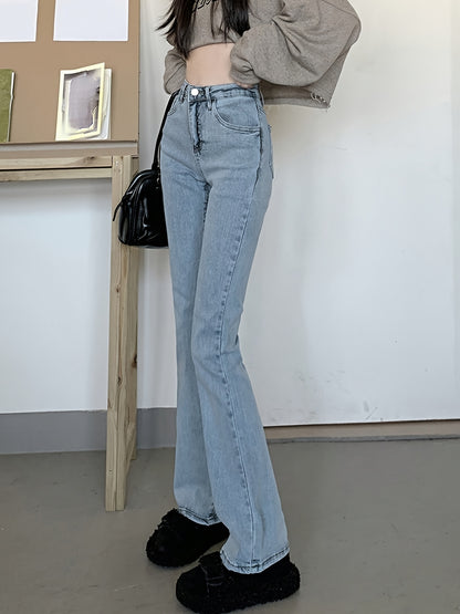Sixsr High Waist Washed Flare Jeans, Slim Fitted Slant Pocket Stylist Denim Pants, Women's Denim Jeans & Clothing