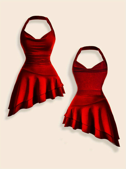 Sixsr  Solid Asymmetric Ruffle Hem Halter Top, Elegant Ruched Backless Top, Women's Clothing