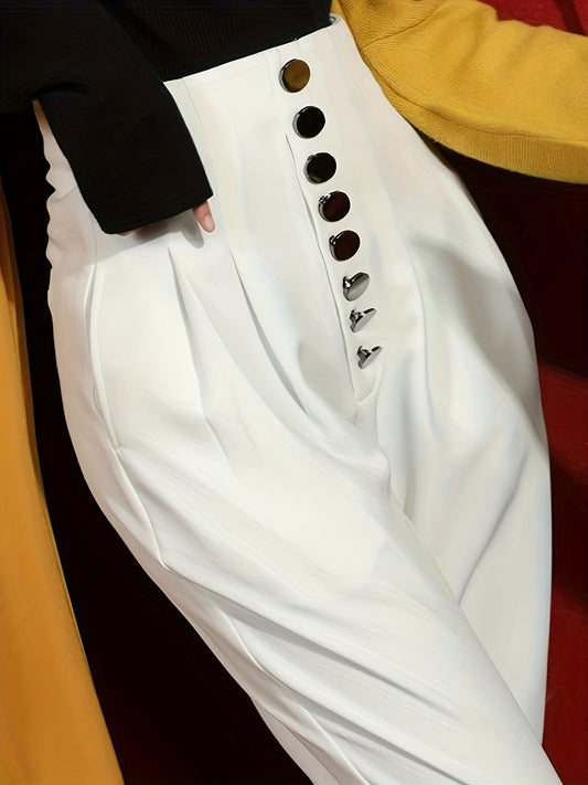 Sixsr Solid High Waist Pans, Elegant Straight Leg Button Pants, Women's Clothing