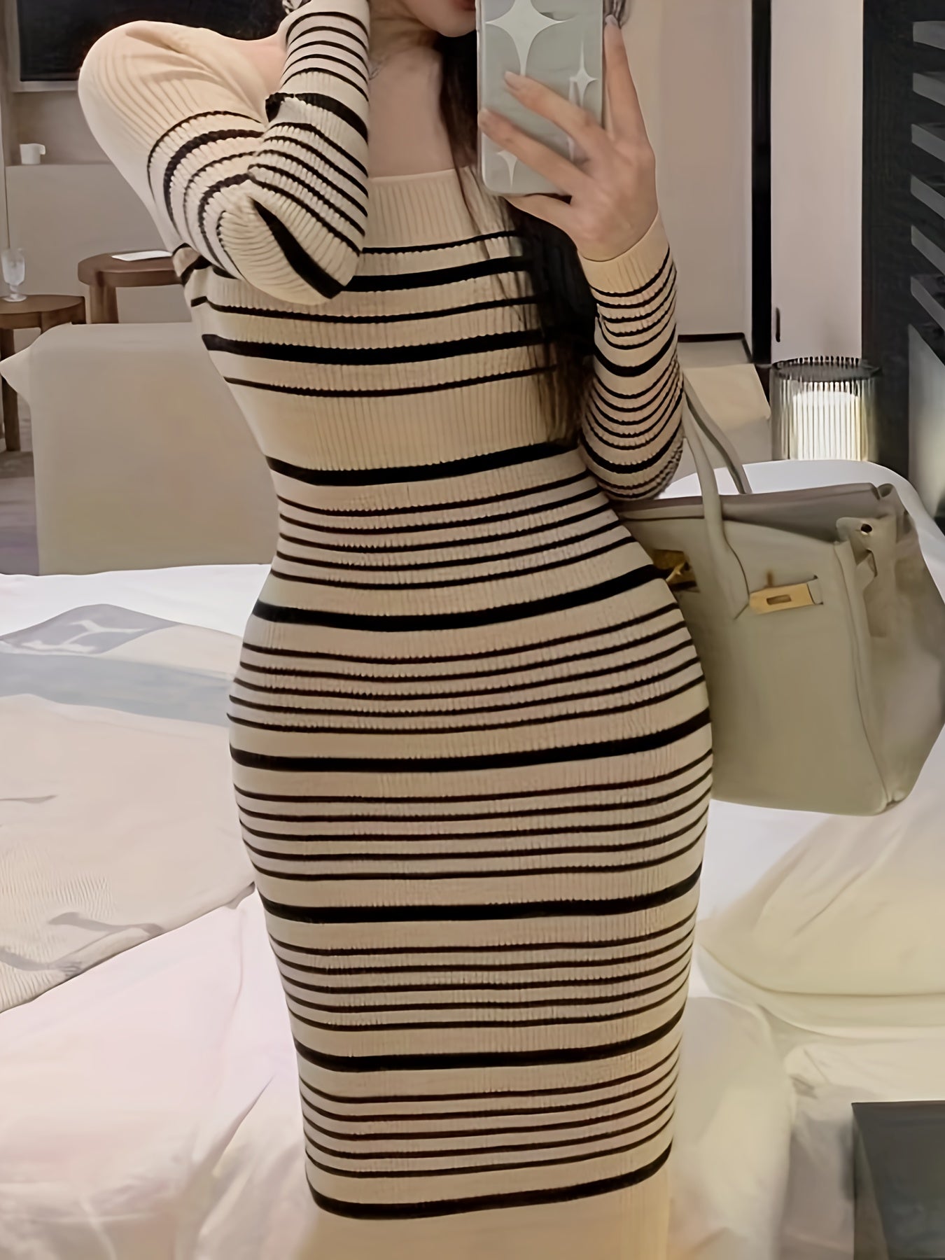 Sixsr Striped Print Knitted Slim Dress, Elegant Long Sleeve Dress, Women's Clothing