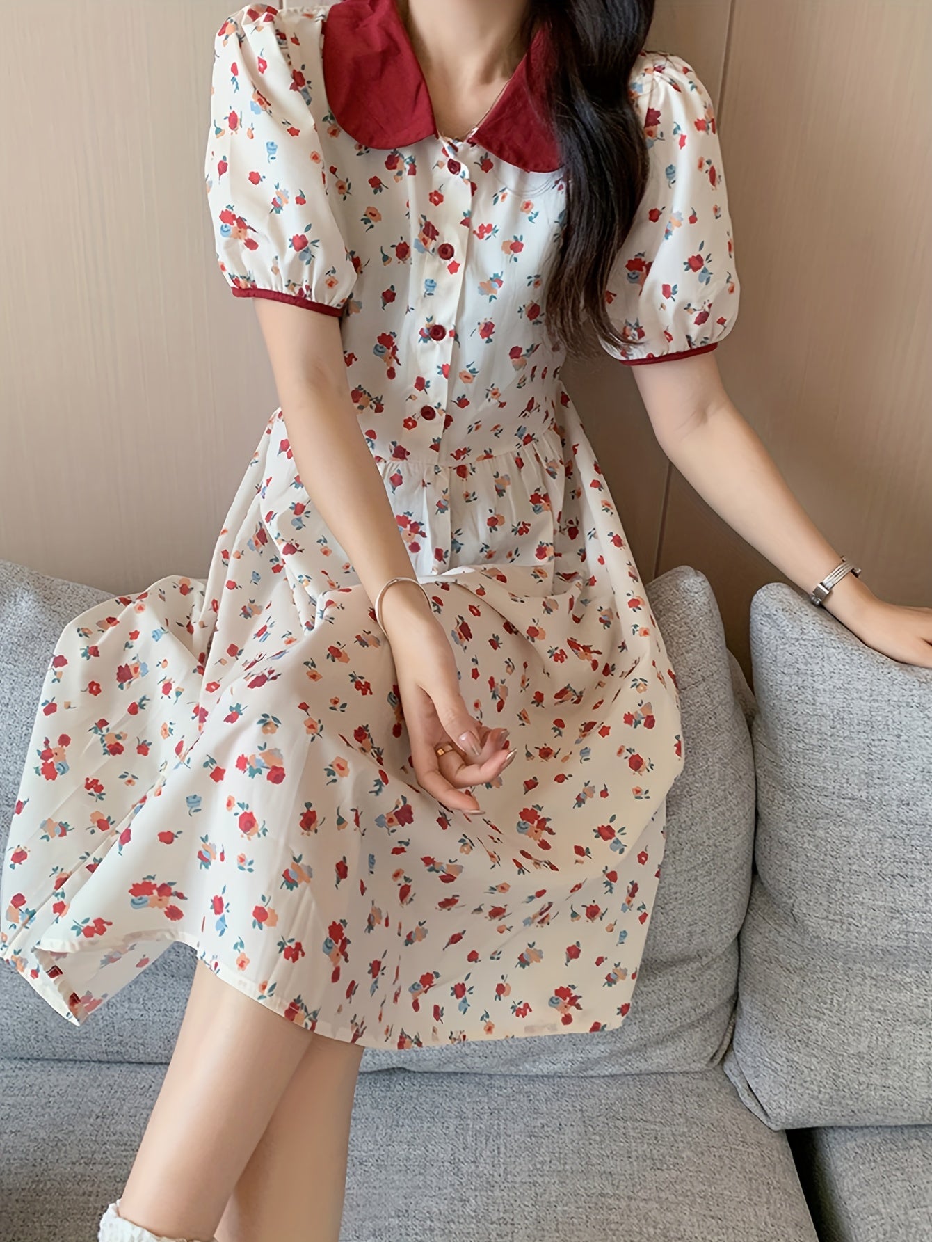 Sixsr Floral Print Collared Dress, Elegant Short Sleeve Dress For Spring & Summer, Women's Clothing