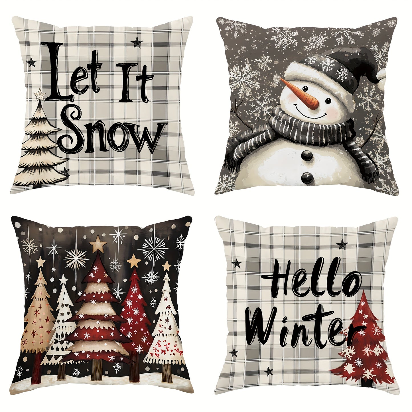 4-Pack 18x18 Velvet Christmas Pillow Covers - Soft, Plush, and Durable Zippered Throw Pillowcases with Snowman & Tree Plaid Design - Perfect for Winter Farmhouse Decor, Living Room Couch, and Machine Washable Polyester Fabric - Inserts Not Included