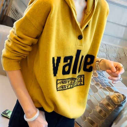 Sixsr Letter Pattern Button Hooded Sweater, Casual Long Sleeve Drop Shoulder Sweater For Fall & Winter, Women's Clothing