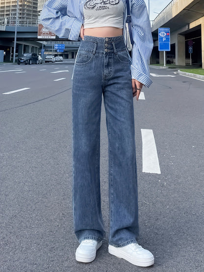 Sixsr Blue High Waist Straight Jeans, Loose Fit Single Breasted Button Versatile Wide Legs Jeans, Women's Denim Jeans & Clothing