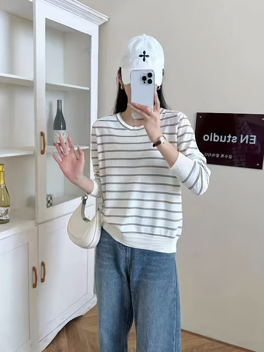 Sixsr Striped Knitted Pullover Sweater, Casual Long Sleeve Sweater For Fall & Winter, Women's Clothing