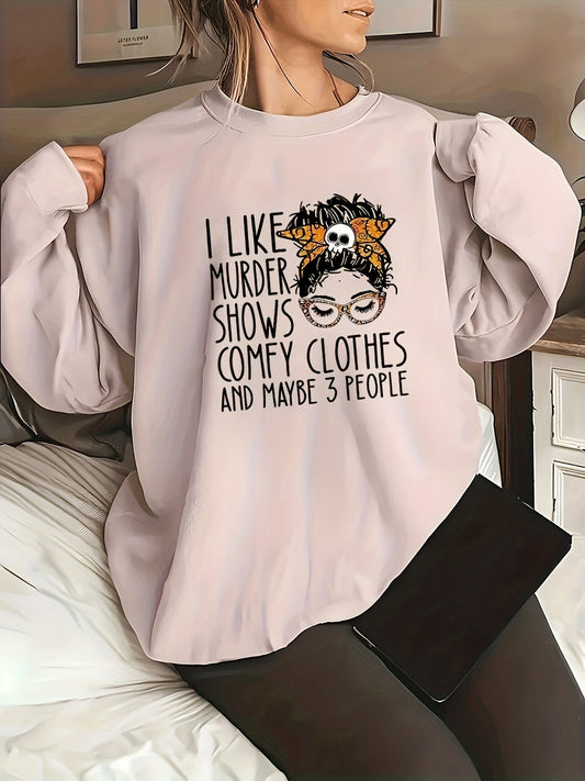 Sixsr Plus Size Casual Sweatshirt, Women's Plus Cartoon Figure & Slogan Print Long Sleeve Crew Neck Slight Stretch Pullover Sweatshirt, Casual Tops For Fall & Winter, Plus Size Women's Clothing