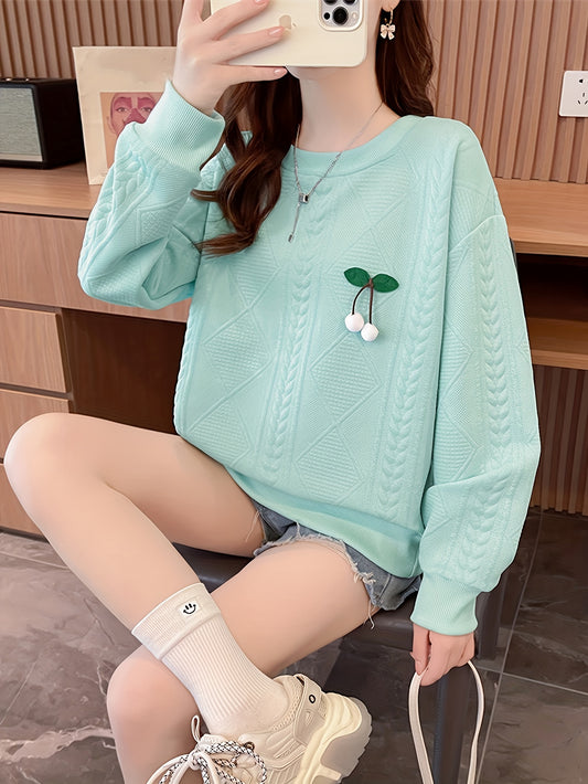 Sixsr Fruit Decor Pullover Textured Sweatshirt, Casual Long Sleeve Crew Neck Sweatshirt For Fall & Winter, Women's Clothing