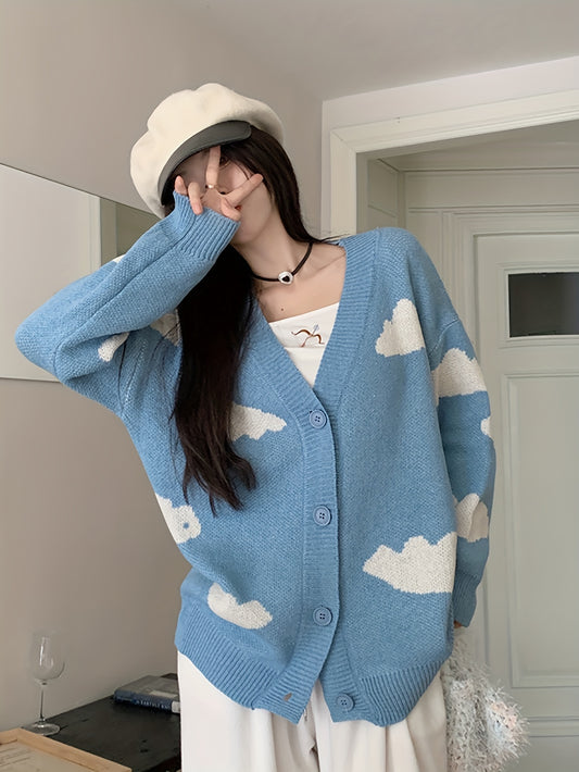 Sixsr Cloud Pattern Button Front Cardigan, Casual Long Sleeve Drop Shoulder Cardigan, Women's Clothing