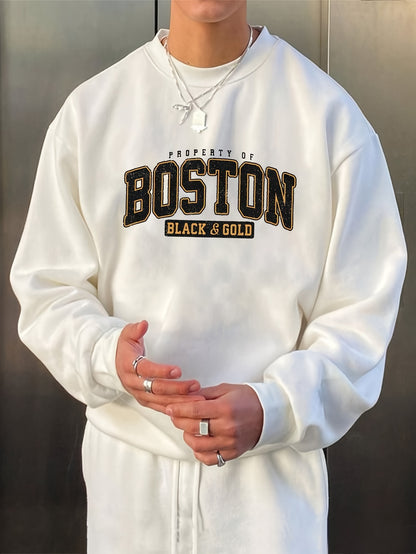 Sixsr BOSTON Print Fashionable Men's Casual Long Sleeve Crew Neck Pullover Sweatshirt,Suitable For Outdoor Sports,For Autumn Spring,Can Be Paired With Hip-hop Necklace,As Gifts