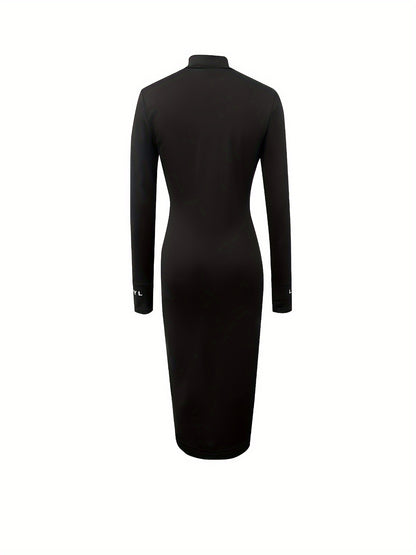 Sixsr Letter Pattern Bodycon Dress, Elegant Long Sleeve Midi Dress, Women's Clothing