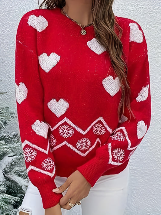 Sixsr Christmas Heart Pattern Crew Neck Sweater, Casual Long Sleeve Basic Pullover Sweater, Women's Clothing