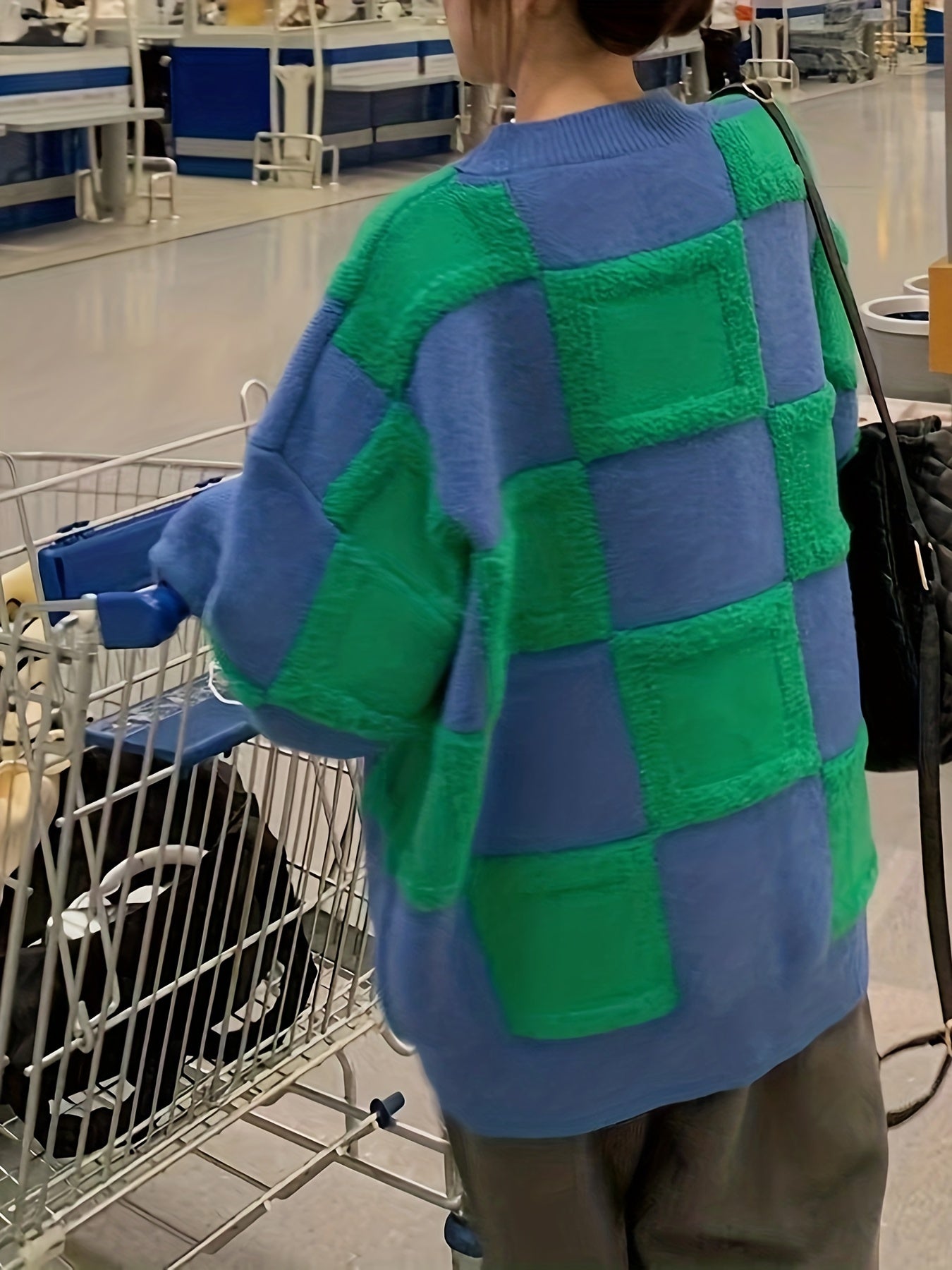 Sixsr Plaid Pattern Crew Neck Pullover Sweater, Casual Long Sleeve Drop Shoulder Sweater, Women's Clothing