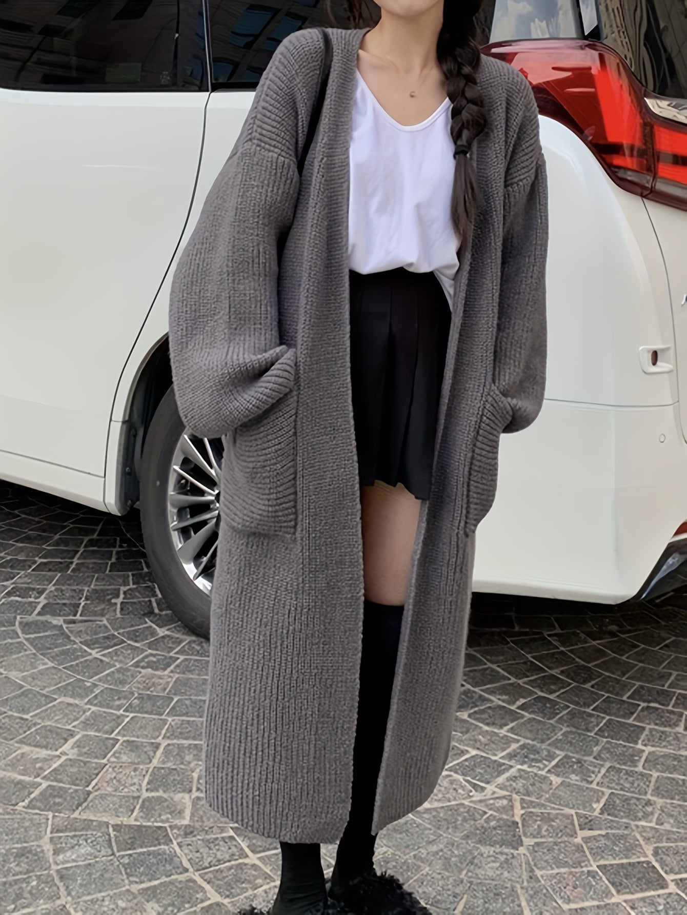 Sixsr Solid Open Front Knit Cardigan, Casual Long Sleeve Long Length Oversized Sweater Coat With Pocket, Women's Clothing
