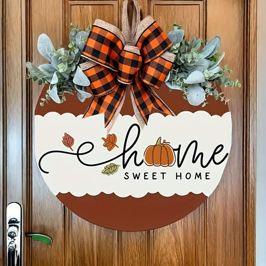 1pc Elegant Fall Thanksgiving Front Door Wreath Sign - Decorative Signs & Plaques for Home Room Living Room Office - Artificial Wood Versatile Wall Hanging Fall Decor with Autumn Leaves and Berries Accents