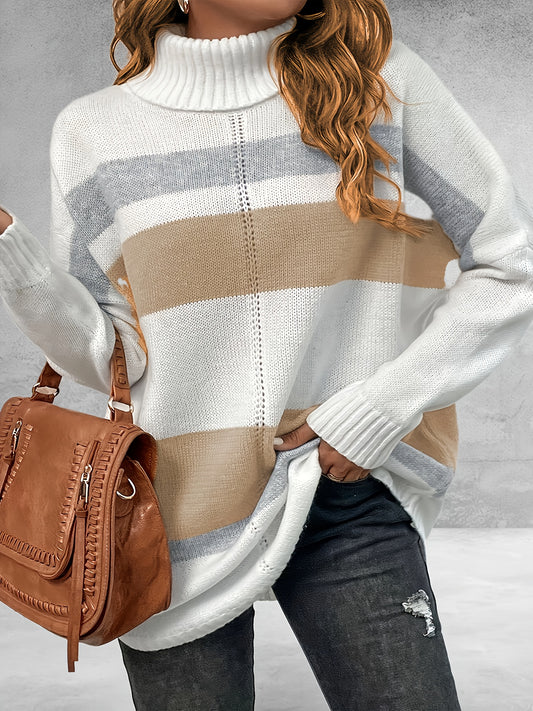 Sixsr Plus Size Casual Sweater, Women's Plus Colorblock Long Sleeve Turtle Neck Slight Stretch Sweater