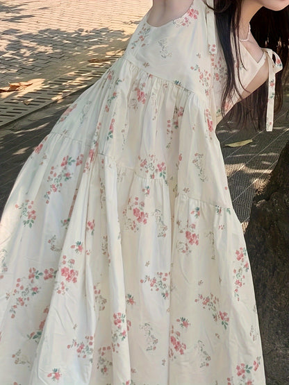 Sixsr Floral Print Knot Strap Dress, Sleeveless Straight Neck Loose Babydoll Dress, Women's Clothing