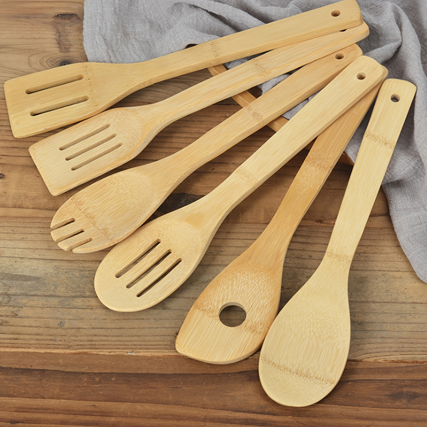 6pcs, Bamboo Kitchen Utensil Set, Long Wooden Spoons And Spatulas, Nonstick Cookware Safe, Natural Wood Cooking Tools, Essential Home And Apartment Kitchen Accessories