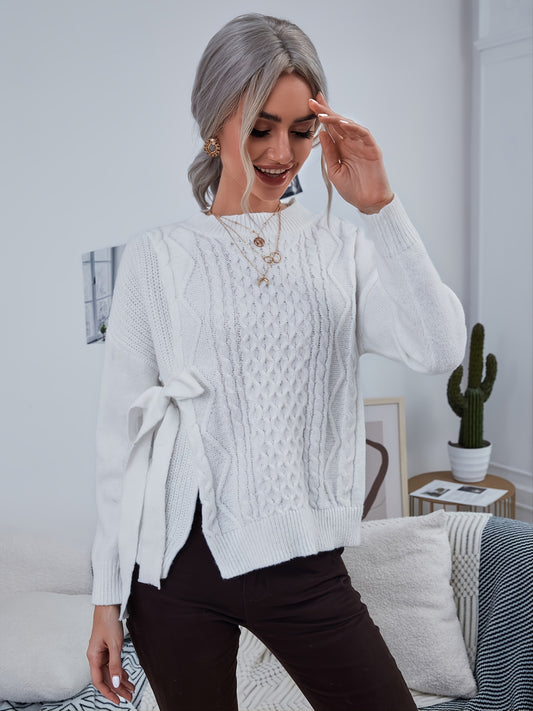 Sixsr Cable Slit Lace Up Sweater, Casual Crew Neck Long Sleeve Loose Fall Winter Knit Sweater, Women's Clothing