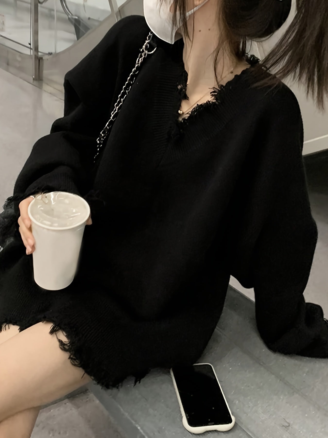 Sixsr Solid V Neck Pullover Sweater, Casual Ripped Long Sleeve Oversized Sweater, Women's Clothing