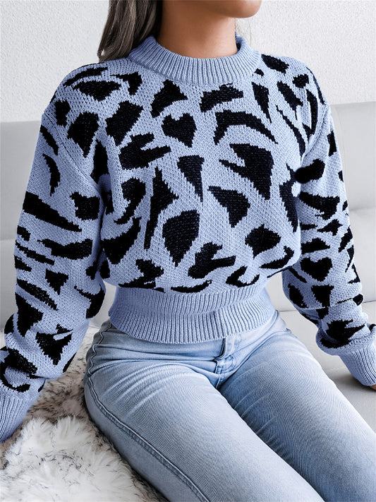 Sixsr Leopard Print Crop Sweater, Casual Crew Neck Long Sleeve Sweater, Casual Tops For Fall & Winter, Women's Clothing