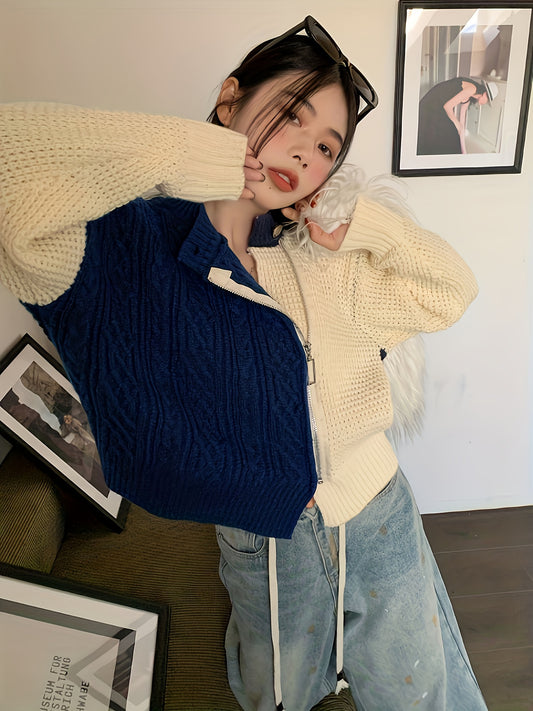 Sixsr Color Block Zip Up Knit Cardigan, Casual Long Sleeve Stylish Sweater, Women's Clothing
