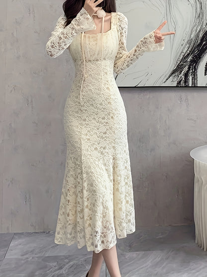 Sixsr Square Neck Lace Trumpet Dress, Chic Long Sleeve Ruched Mid Calf Dress, Women's Clothing