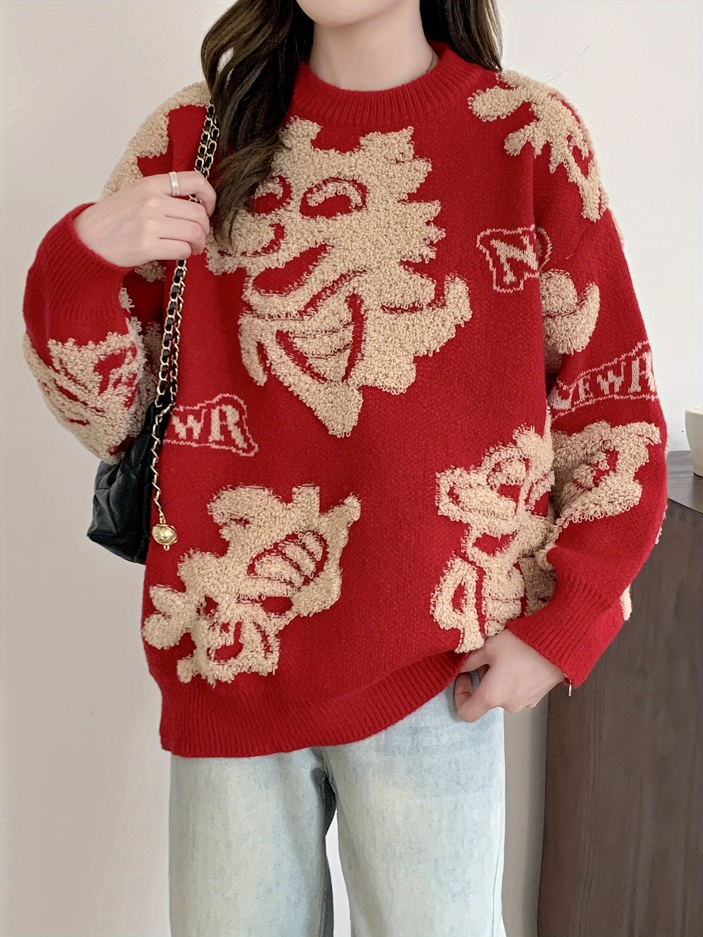 Sixsr Dragon Pattern Crew Neck Pullover Sweater, Casual Long Sleeve Loose Fall Winter Sweater, Women's Clothing