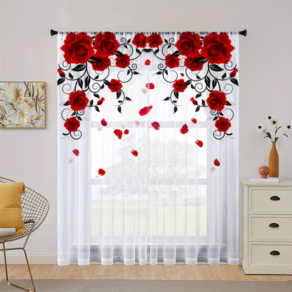 1pc Red Rose Printing Curtain, Rod Pocket Window Treatment For Bedroom Office Kitchen Living Room Study Home Decor, Room Decoration Aesthetic Curtain