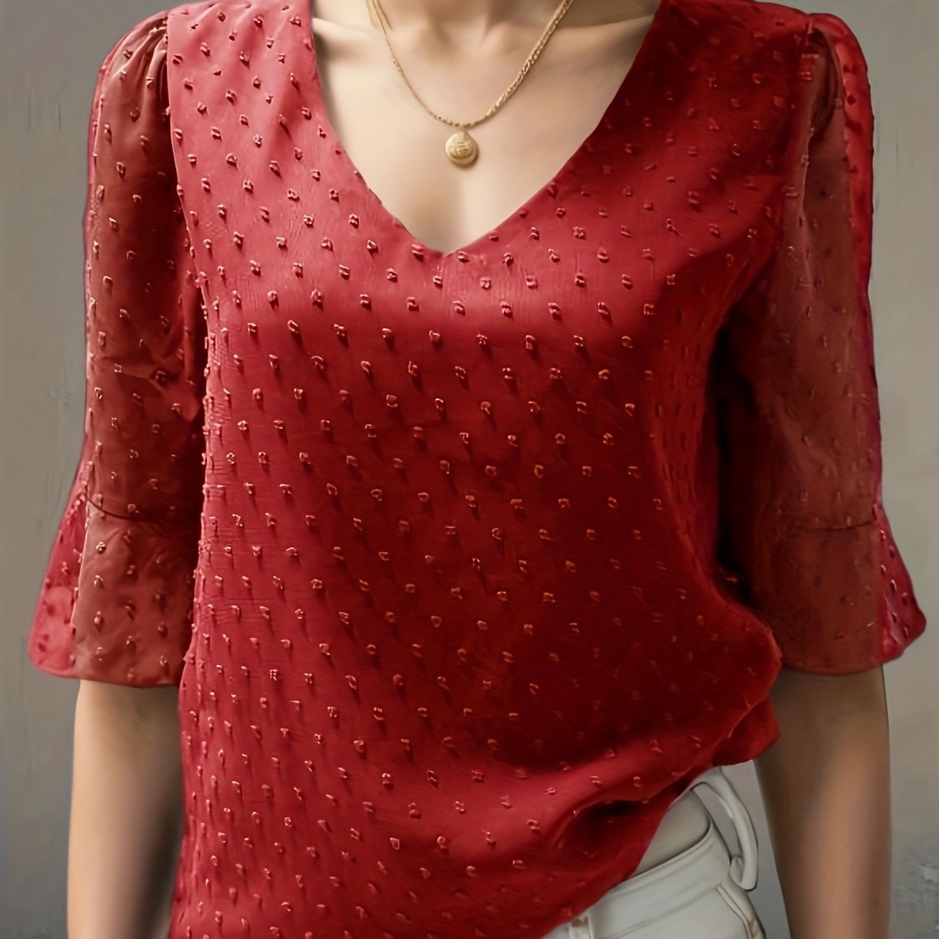 Sixsr V-neck Loose Chiffon Shirt, Casual 3/4 Long Sleeve Fashion Blouses Tops, Women's Clothing