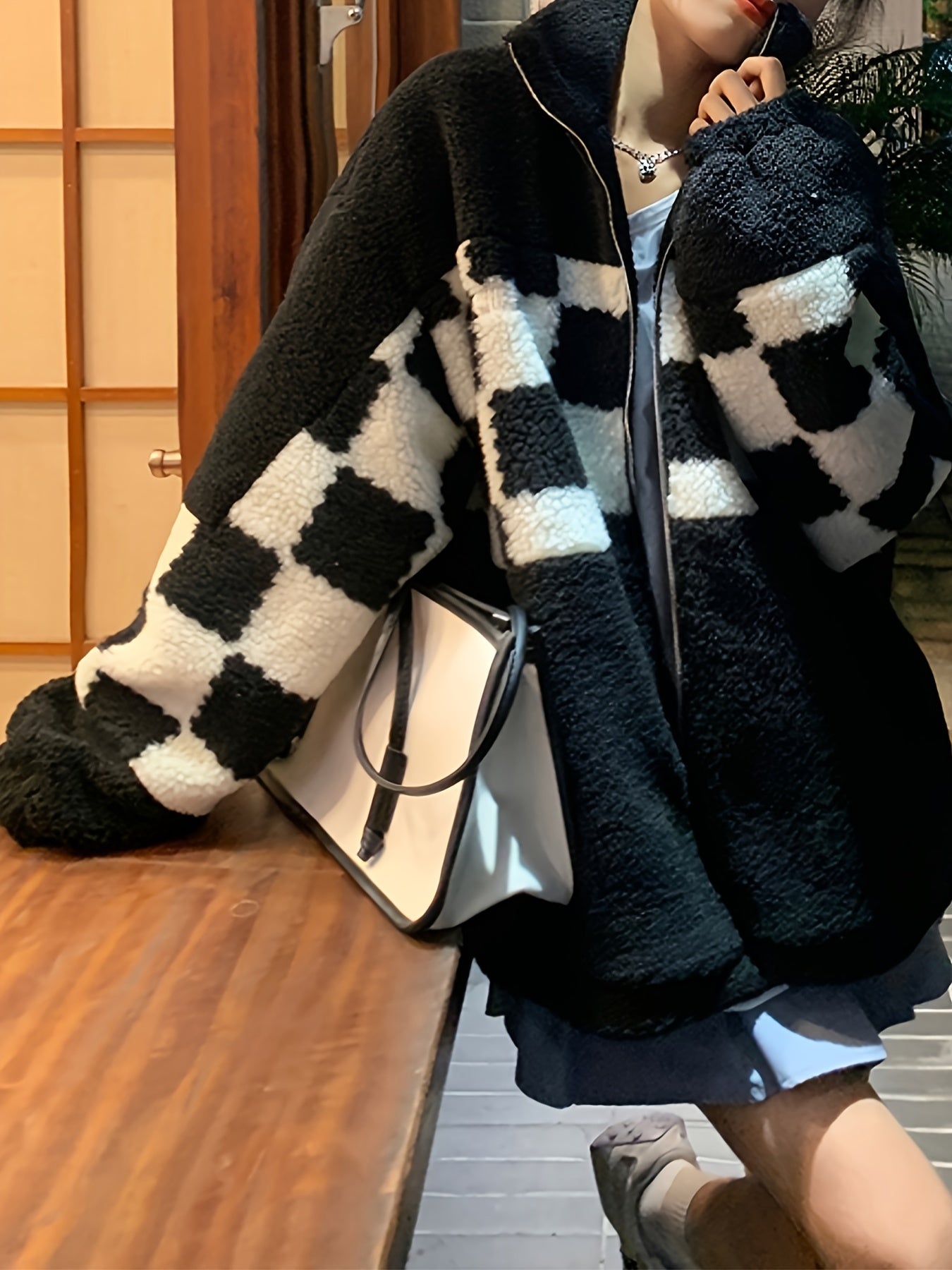 Sixsr Women's Checkered Print Oversized Plush Coat, Casual Winter Jacket For Outdoors, Women's Clothing