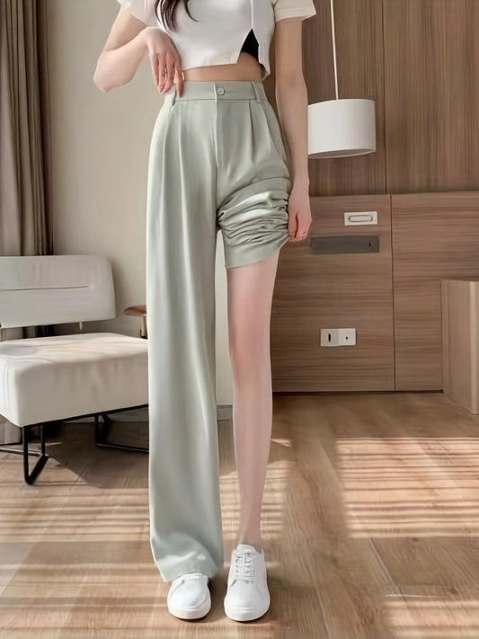 Sixsr Solid High Waist Draped Long Length Pants, Casual Loose Spring & Autumn Pants, Women's Clothing