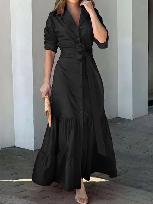 Sixsr Solid Button Front Belted Dress, Elegant Ruched Sleeve Ruffle Trim Maxi Dress, Women's Clothing
