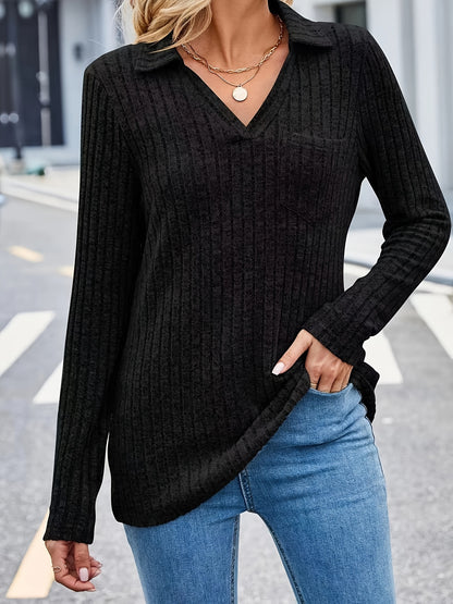 Sixsr Ribbed Pocket V Neck T-Shirt, Casual Long Sleeve Top For Spring & Fall, Women's Clothing