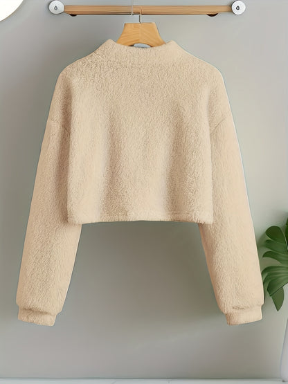 Sixsr Solid Color Teddy Pullover Sweatshirt, Casual Long Sleeve Crew Neck Sweatshirt For Fall & Winter, Women's Clothing