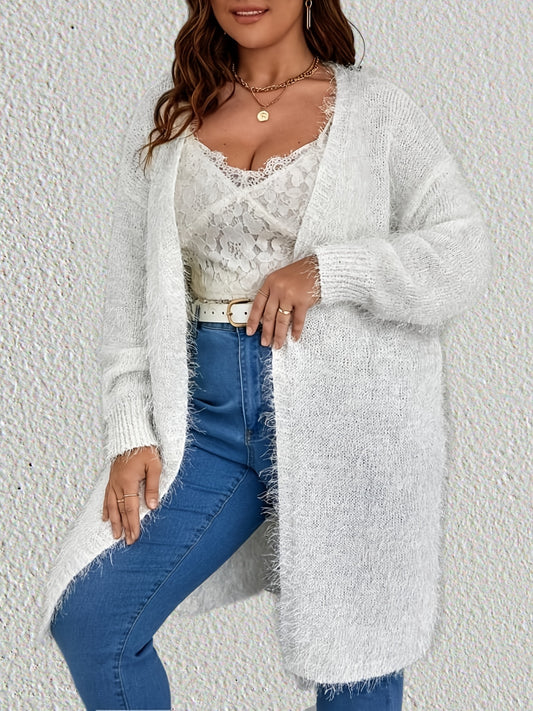 Sixsr Plus Size Longline Fuzzy Solid Cardigan, Women's Plus Slight Stretch Casual Sweater Cardigan
