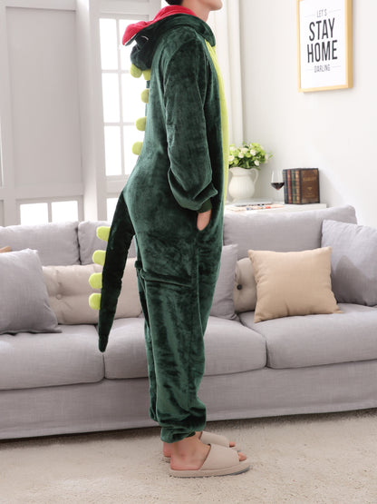 Sixsr one piece Men's Thick Fleece Dinosaur Hooded Pajamas with Pockets - Cozy Loungewear for Winter Nights