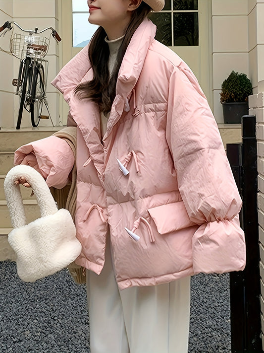 Sixsr Buckle Front Solid Warm Coat, Casual Long Sleeve Puffy Outerwear, Women's Clothing