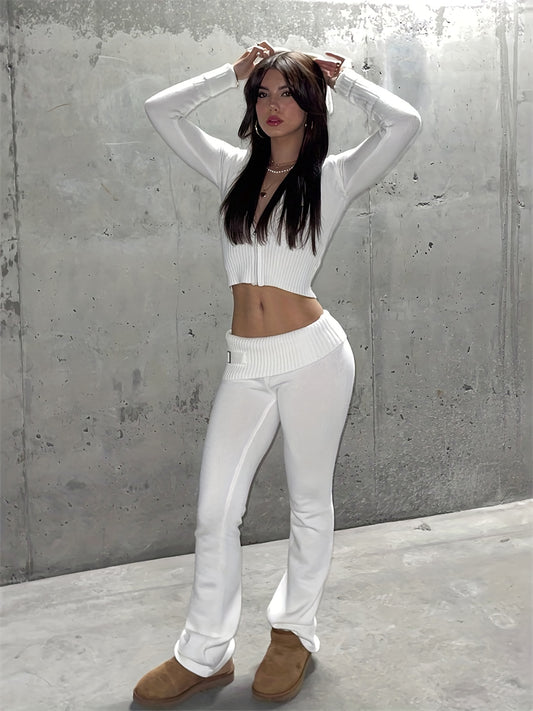 Sixsr Y2K Knitted Two-piece Set, Hooded Zipper Cardigan & High Waist Pants Outfits, Women's Clothing