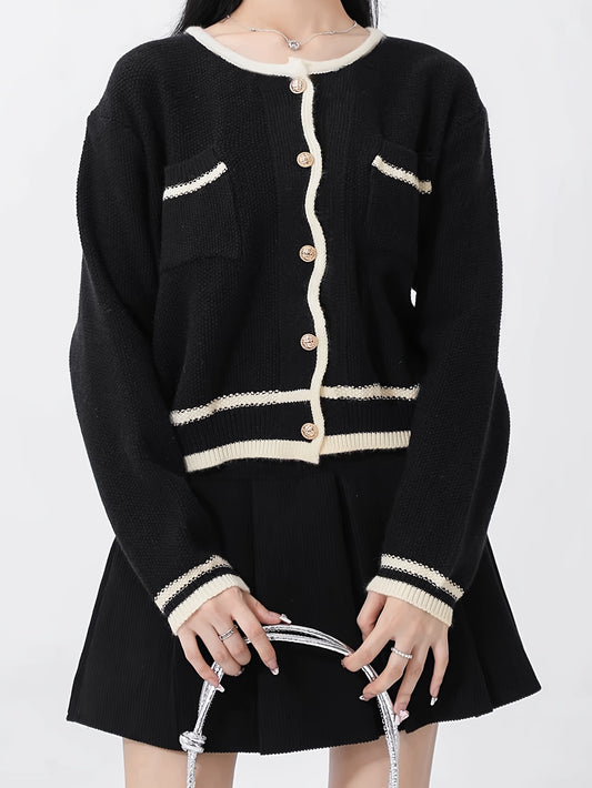 Sixsr Contrast Trim Button Up Knit Cardigan, Casual Long Sleeve Sweater With Pocket, Women's Clothing
