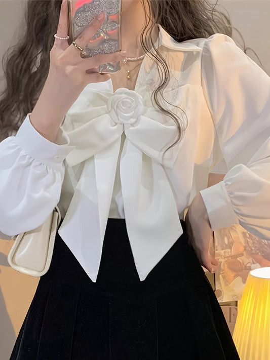 Sixsr Solid Floral Tie Decor Blouse, Vintage Long Sleeve Blouse For Spring & Fall, Women's Clothing