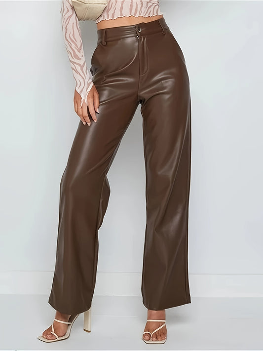 Sixsr Plus Size Retro Pants, Women's Plus Solid Faux Leather Button Fly High Rise Slight Stretch Straight Leg Trousers
