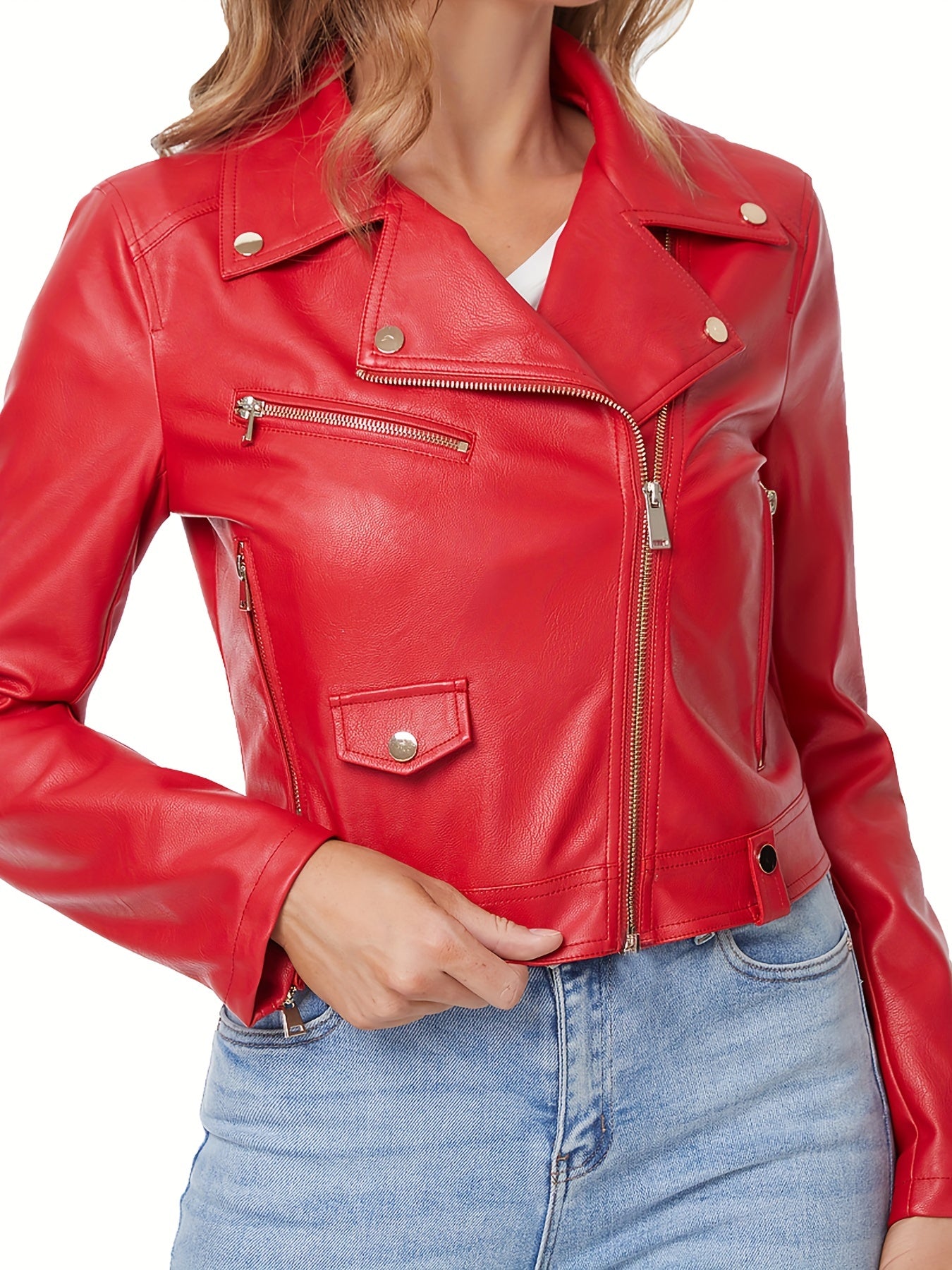 Slant Zipper Lapel Crop Biker Jacket, Vintage Solid Faux Leather Jacket, Women's Clothing