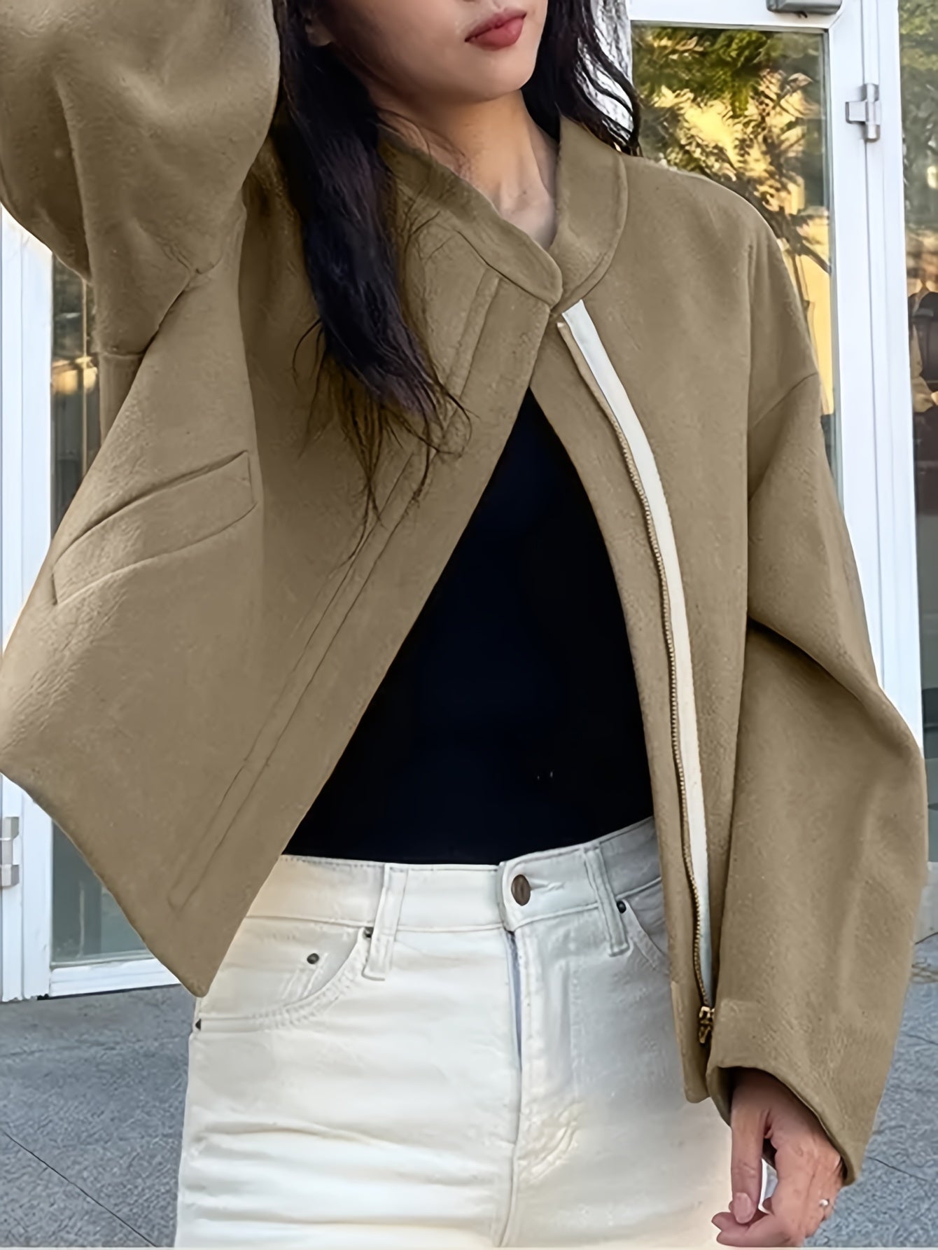 Sixsr Solid Zipper Front Simple Jacket, Casual Long Sleeve Outwear For Fall & Winter, Women's Clothing
