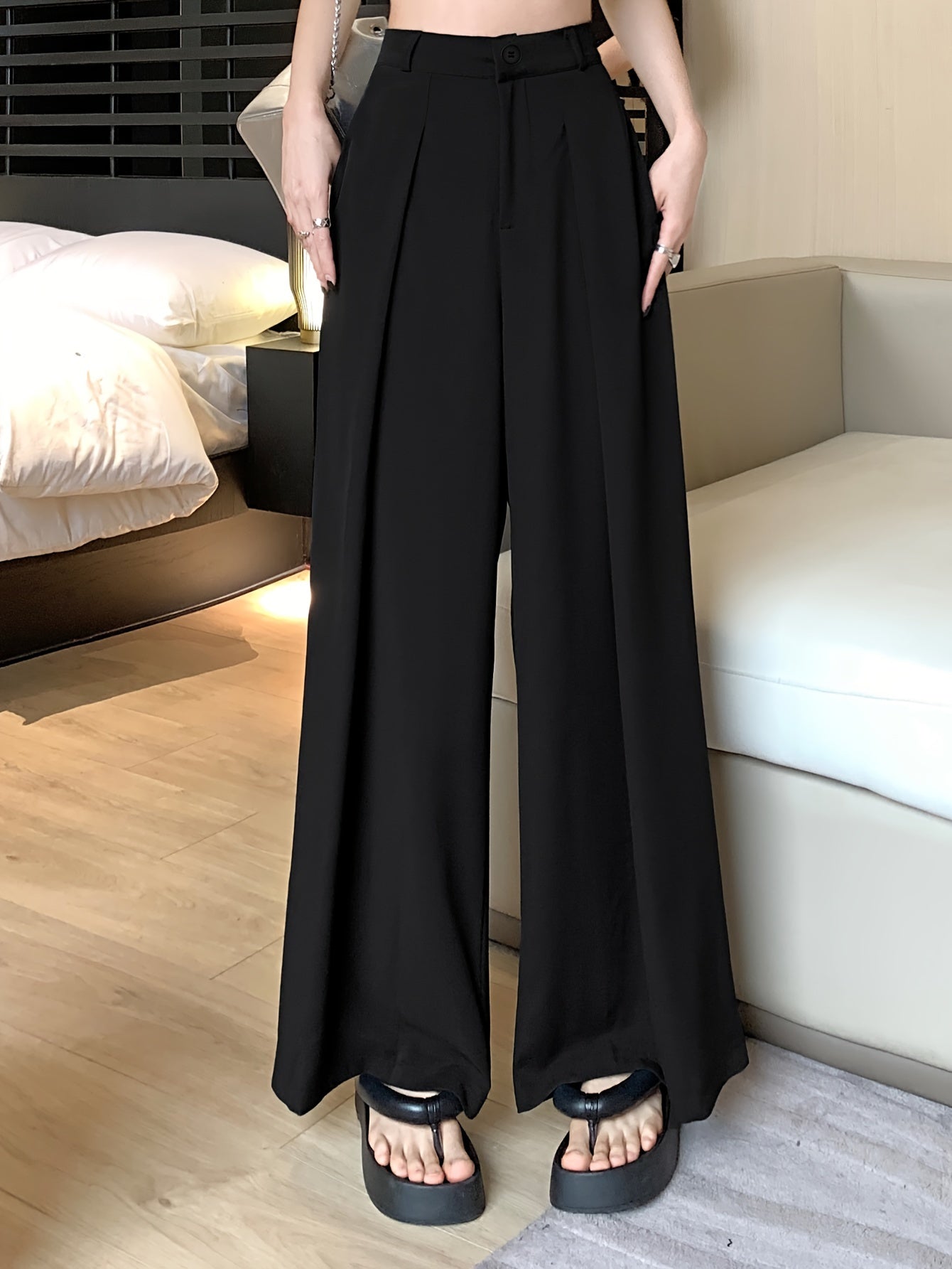 Sixsr Solid Button Front Wide Leg Pants, Versatile High Waist Pants For Spring & Fall, Women's Clothing