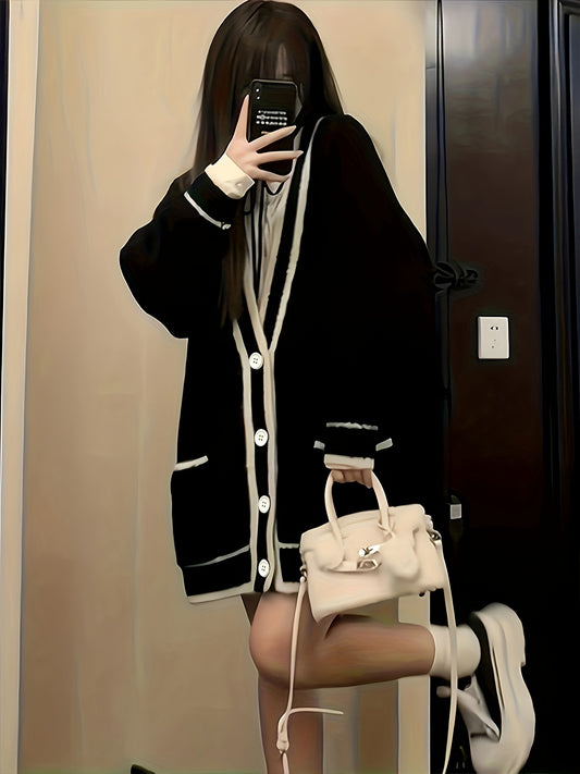 Sixsr Contrast Trim Botton Up Cardigan, Casual Long Sleeve Pocket Loose Sweater For Fall & Winter, Women's Clothing